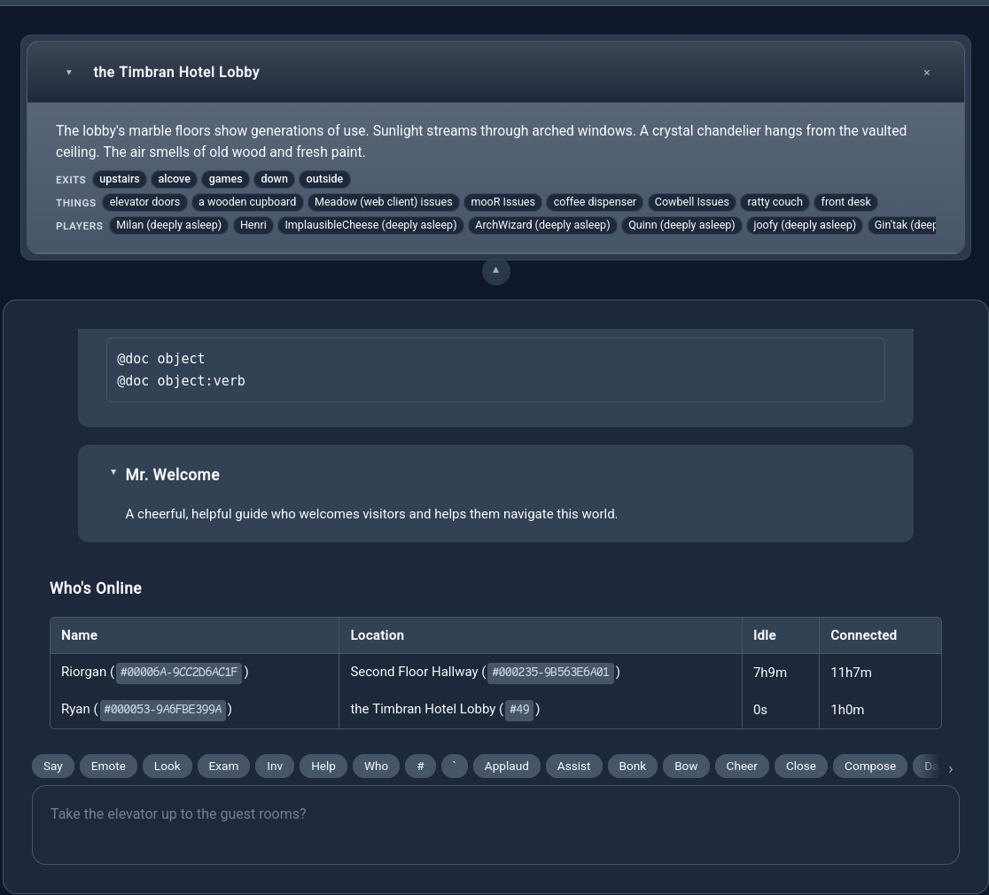 A March 2026 view of Meadow in Timbran Hotel, showing the room HUD, command surface, and who's-online panel