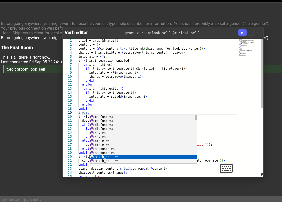 mooR web client verb editor demonstrating intelligent code completion and autocomplete features