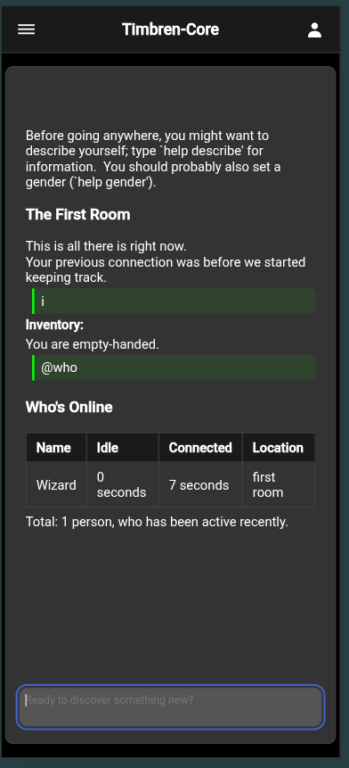 mooR web client mobile interface showing the main MOO interaction view with command input