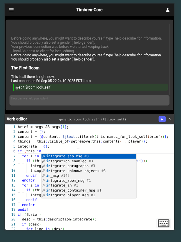 mooR web client verb editor showing MOO code with syntax highlighting and line numbers